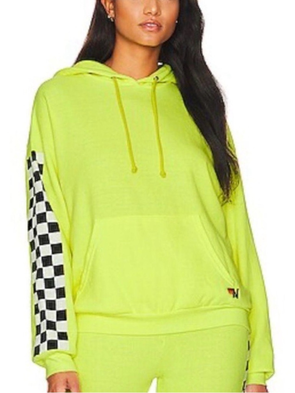 Aviator Nation Neon Yellow Hoodie with Checker-Print Sleeve